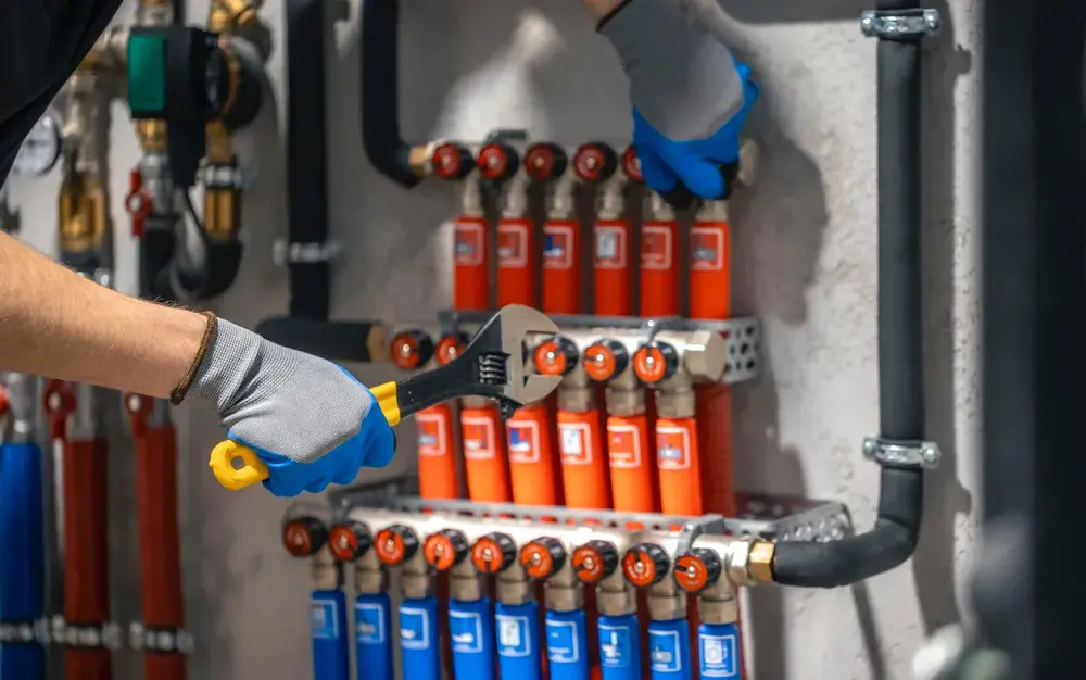 Technician servicing a commercial backflow valve assembly